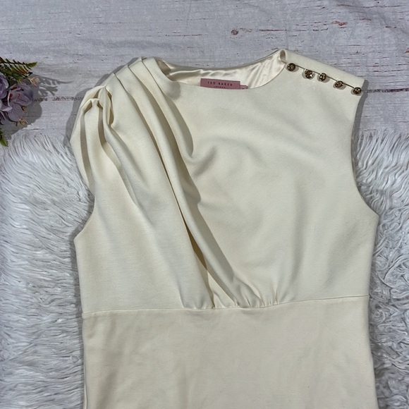 Ted Baker White Bridie Rhinestone Shoulder Sculpted Pleated Dress - Picture 5 of 11